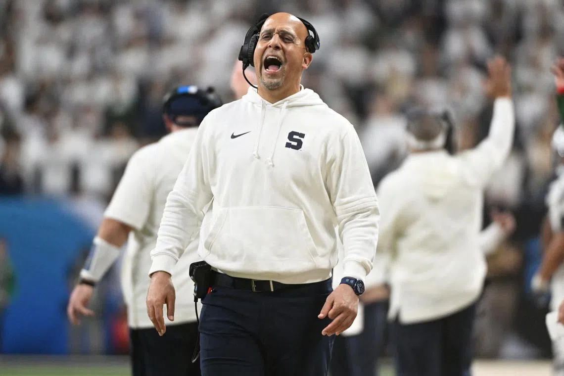 Dec 7, 2024; Indianapolis, IN, USA; Penn State Nittany Lions head coach James Franklin reacts after a touchdown against the Oregon Ducks during the second quarter in the 2024 Big Ten Championship game at Lucas Oil Stadium. Robert Goddin-Imagn Images/File Photo