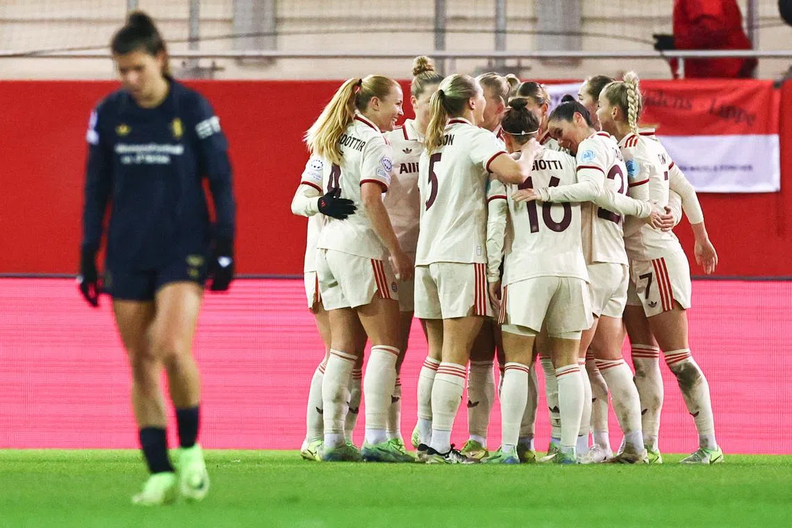 Munich's players celebrating after scoring the 4-0 goal during the UEFA Women's Champions League match between FC Bayern Munich and Juventus FC, in Munich, Germany, on Dec 12, 2024.  