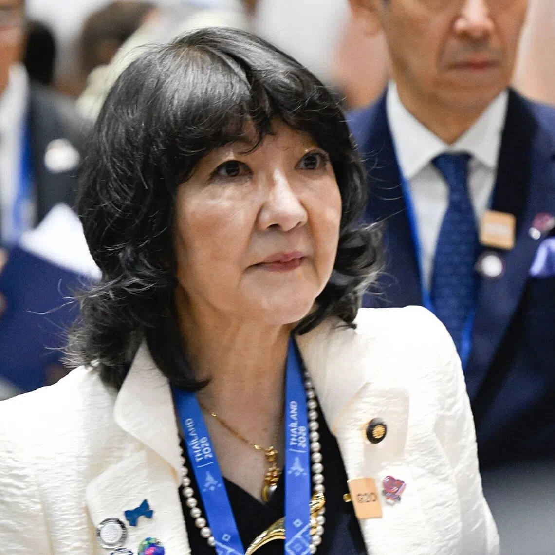 Japanese Finance Minister Satsuki Katayama spoke to reporters during the International Monetary Fund and World Bank annual meetings in Bangkok on Oct 15.