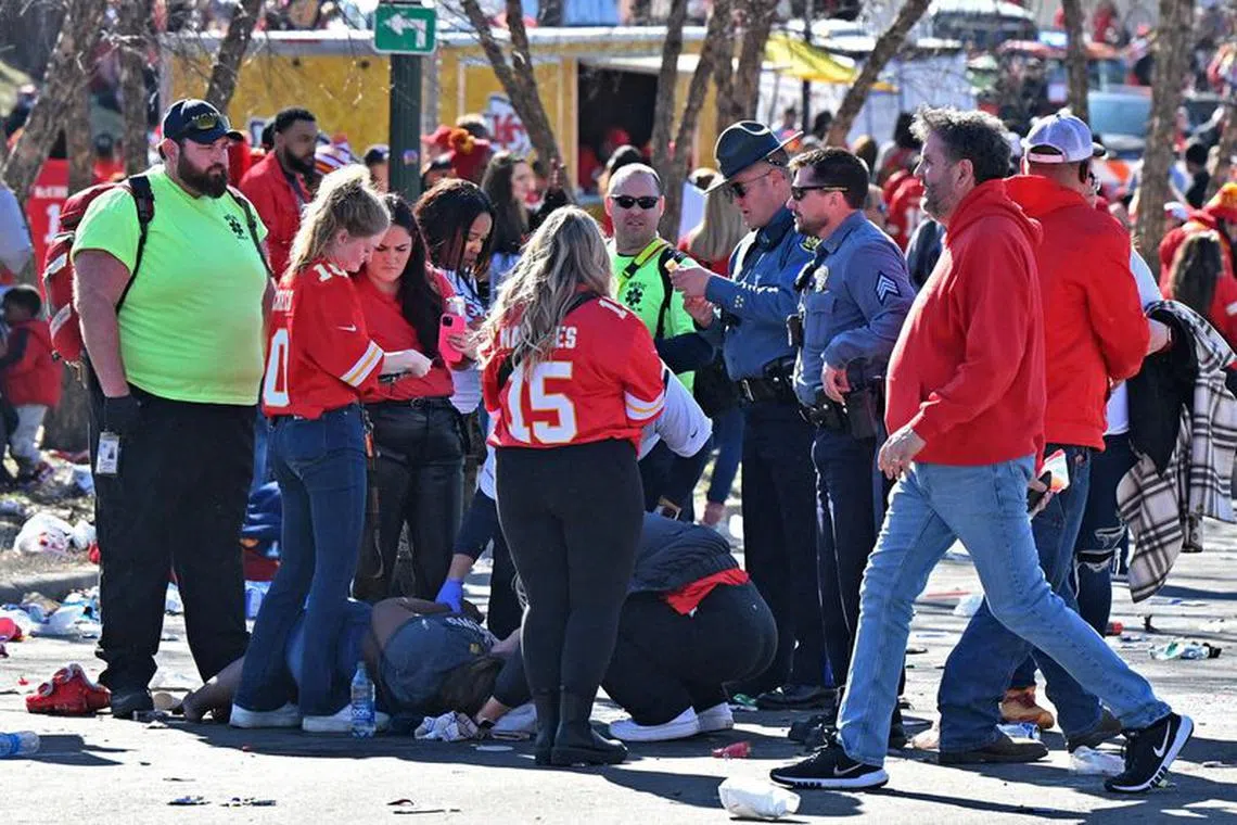 Feb 14, 2024; Kansas City, MO, USA; Police respond to injuries after shots were fired after the celebration of the Kansas City Chiefs winning Super Bowl LVIII. Mandatory Credit: David Rainey-USA TODAY Sports