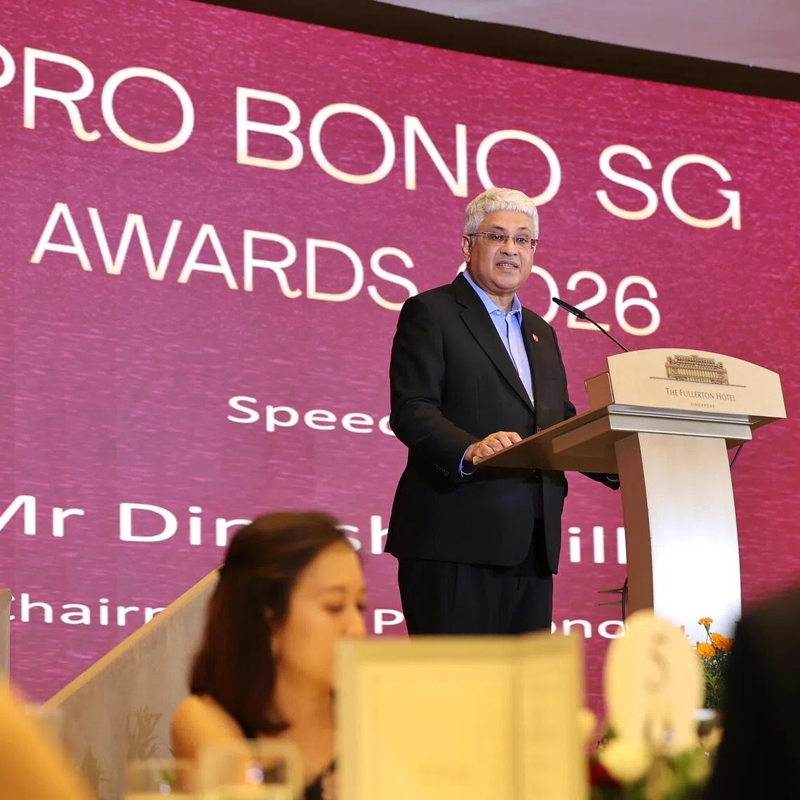 Pro Bono SG announces new initiatives and renewed partnerships at the annual Pro Bono SG Awards 2026 at Fullerton Hotel on 21 July, where Dinesh Dhillon, Chairman of Pro Bono SG, gives a speech.