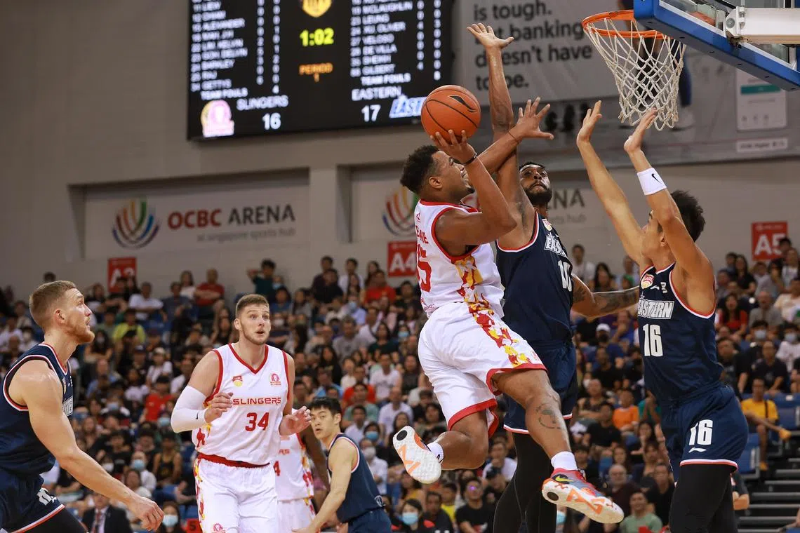 Singapore Slingers’ Xavier Alexander attempting a shot against Hong Kong Eastern in a 2023 ASEAN Basketball League Invitational match at OCBC Arena on Jan 7, 2023.