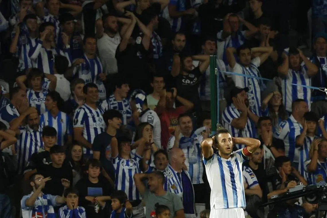 Soccer Football - Champions League - Group D - Real Sociedad v Inter Milan - Reale Arena, San Sebastian, Spain - September 20, 2023 Real Sociedad's Mikel Oyarzabal reacts REUTERS/Vincent West/File Photo
