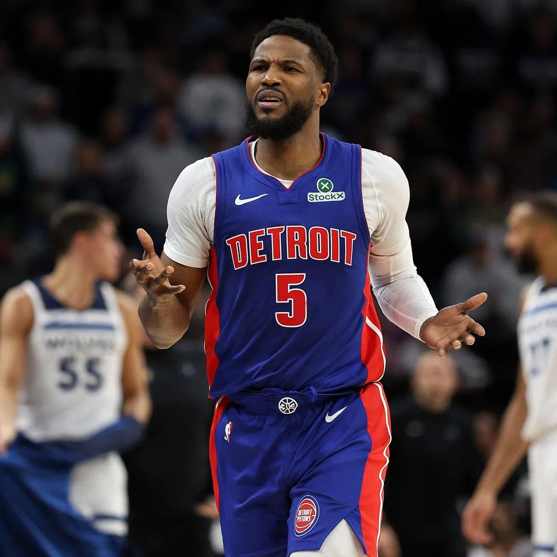 Mar 30, 2025; Minneapolis, Minnesota, USA; Detroit Pistons guard Malik Beasley (5) reacts during the second quarter against the Minnesota Timberwolves at Target Center. Mandatory Credit: Matt Krohn-Imagn Images