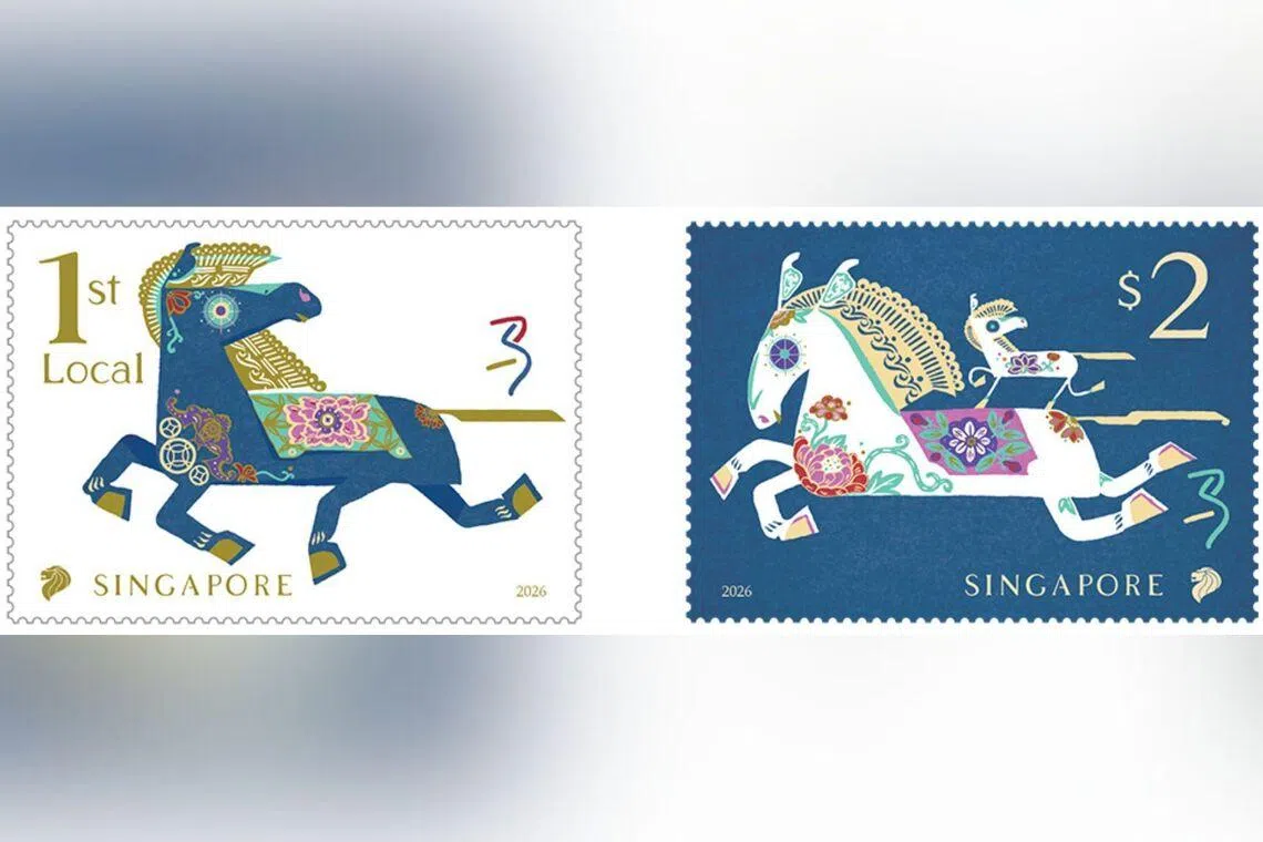 The horse-themed stamps, designed in denominations of 62 cents (left) and $2 (right), will go on sale from Jan 23.