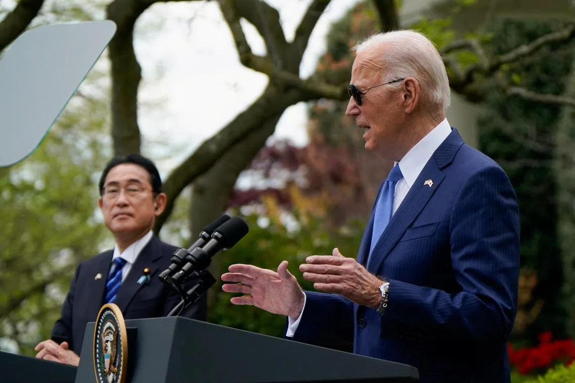 FILE PHOTO: U.S. President Joe Biden and Japanese Prime Minister Fumio Kishida hold a joint press conference in the Rose Garden at the White House in Washington, D.C., U.S., April 10, 2024. REUTERS/Elizabeth Frantz/File Photo