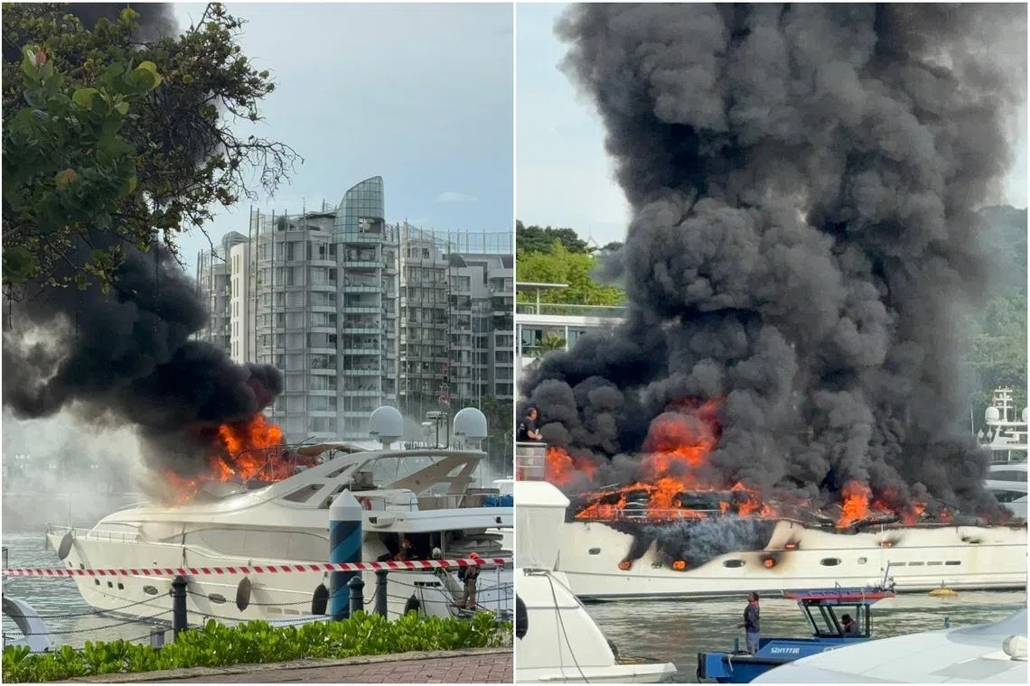 Thick black smoke could be seen billowing from the vessel berthed at the dock at the club.