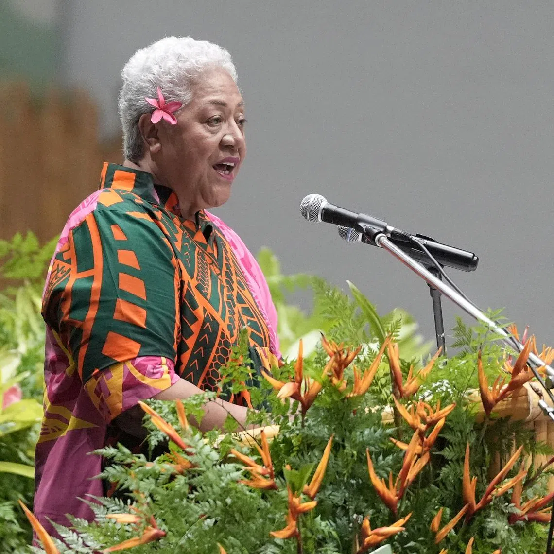 FILE PHOTO: Samoan Prime Minister Afioga Fiame Naomi Mata'afa speaks at a Welcome Reception and State Banquet at Apia Park during the Commonwealth Heads of Government Meeting in Samoa. Picture date: Thursday October 24, 2024. Stefan Rousseau/Pool via REUTERS/File photo