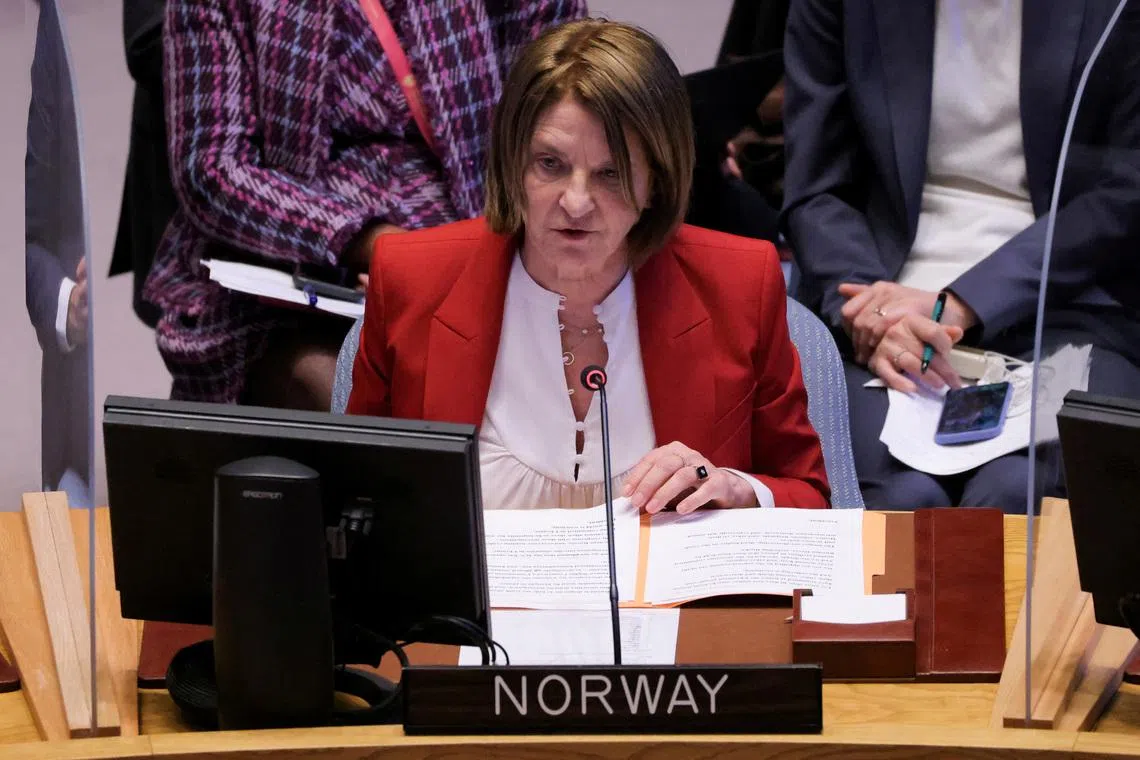 FILE PHOTO: Norway's Ambassador to the United Nations Mona Juul addresses the United Nations Security Council during a meeting, amid Russia's invasion of Ukraine, at the United Nations Headquarters in Manhattan, New York City, New York, U.S., April 5, 2022. REUTERS/Andrew Kelly/File Photo