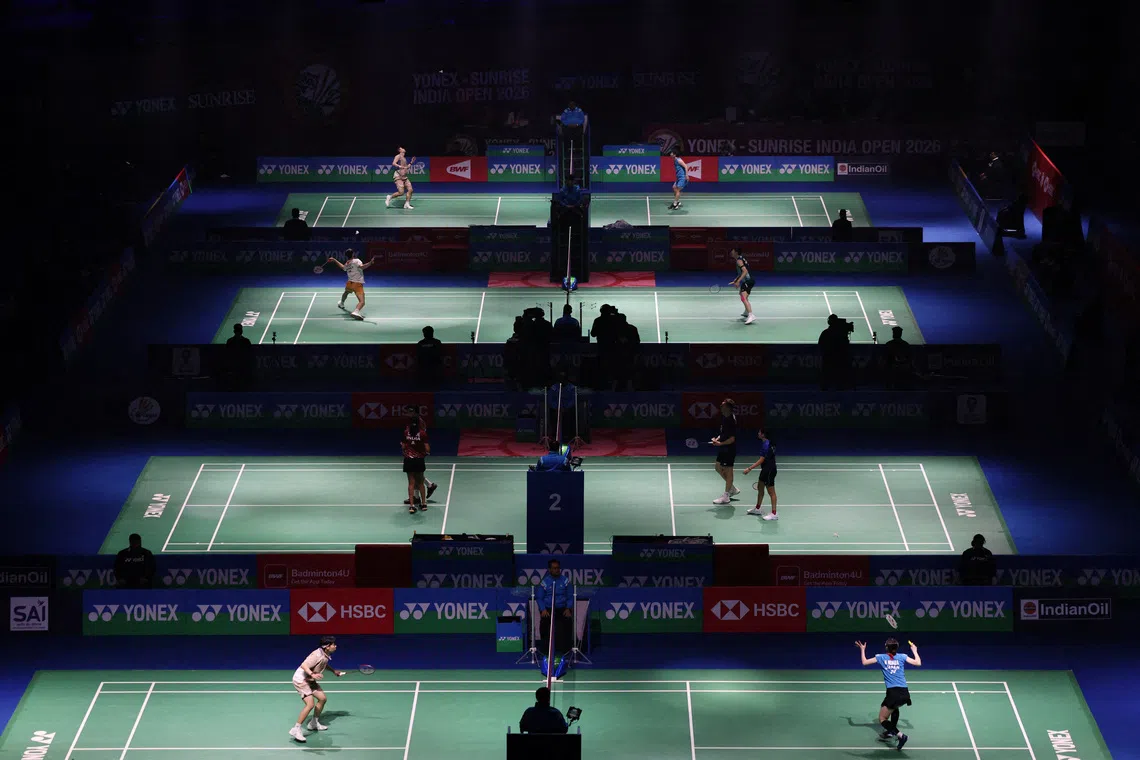 Players in action during the India Open at the Indira Gandhi Indoor Stadium on Jan 14.
