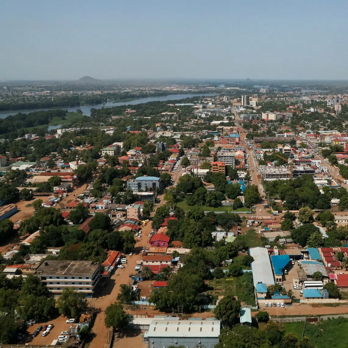 An aerial view from the plane shows the skyline of Juba, South Sudan, June 10, 2025. REUTERS/Thomas Mukoya