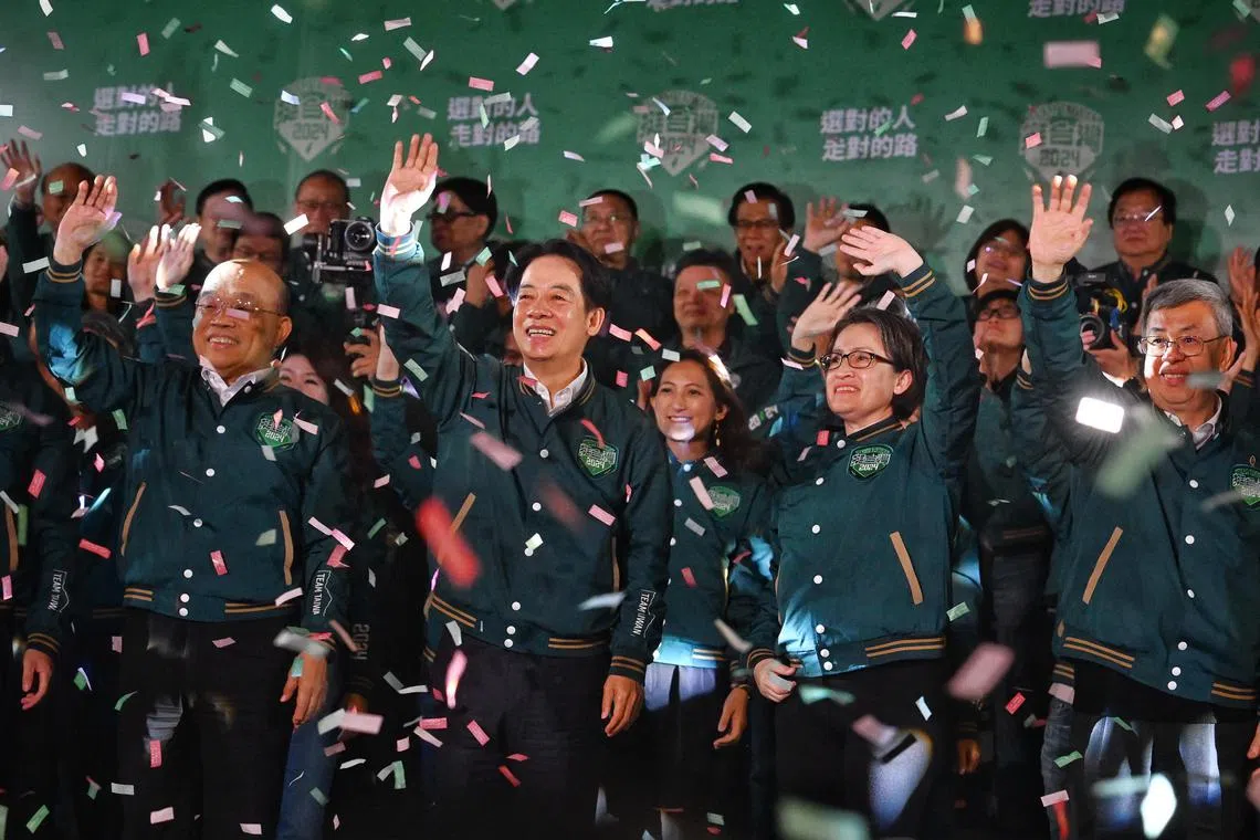 Taiwan’s president-elect Lai Ching-te and vice president-elect Hsiao Bi-khim celebrating their election victory on Jan 13.