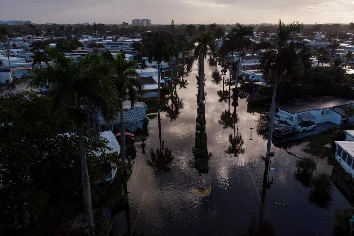 A general view of flooded streets in a trailer park community in Davie, Florida, U.S., November 16, 2023. REUTERS/Marco Bello      TPX IMAGES OF THE DAY     