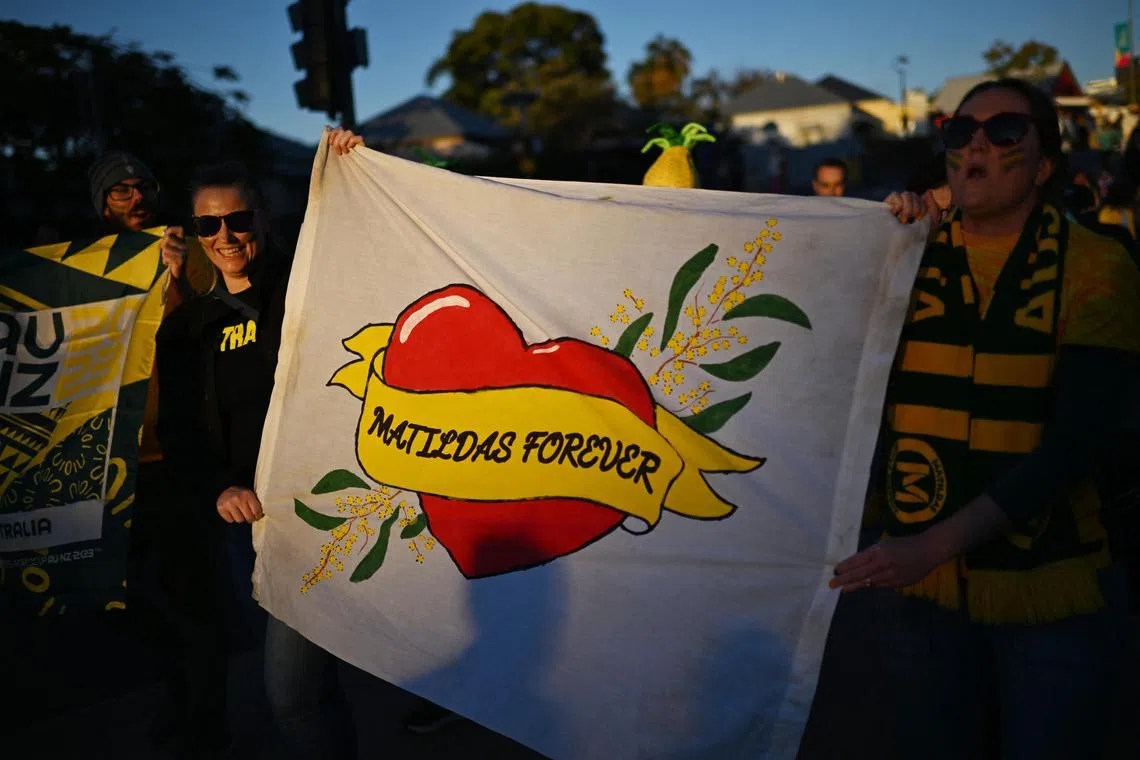 Australia fans displaying a banner outside Brisbane Stadium before their Women's World Cup third-place play-off, which they lost 2-0 to Sweden on Saturday.