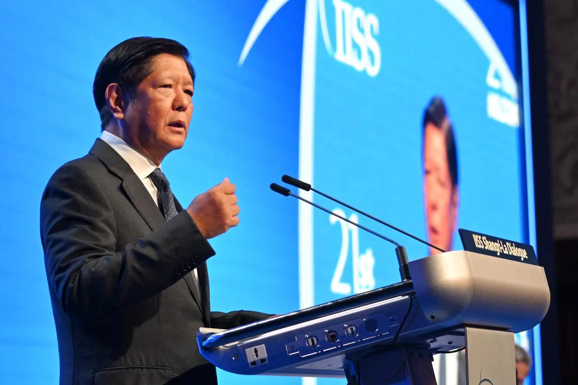 Philippine President Ferdinand Marcos Jr speaking during the Shangri-La Dialogue in Singapore on May 31.