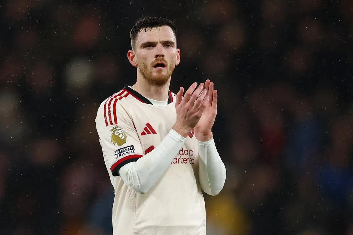 Soccer Football - Premier League - AFC Bournemouth v Liverpool - Vitality Stadium, Bournemouth, Britain - January 24, 2026 Liverpool's Andy Robertson looks dejected as he applauds fans after the match Action Images via Reuters/Matthew Childs