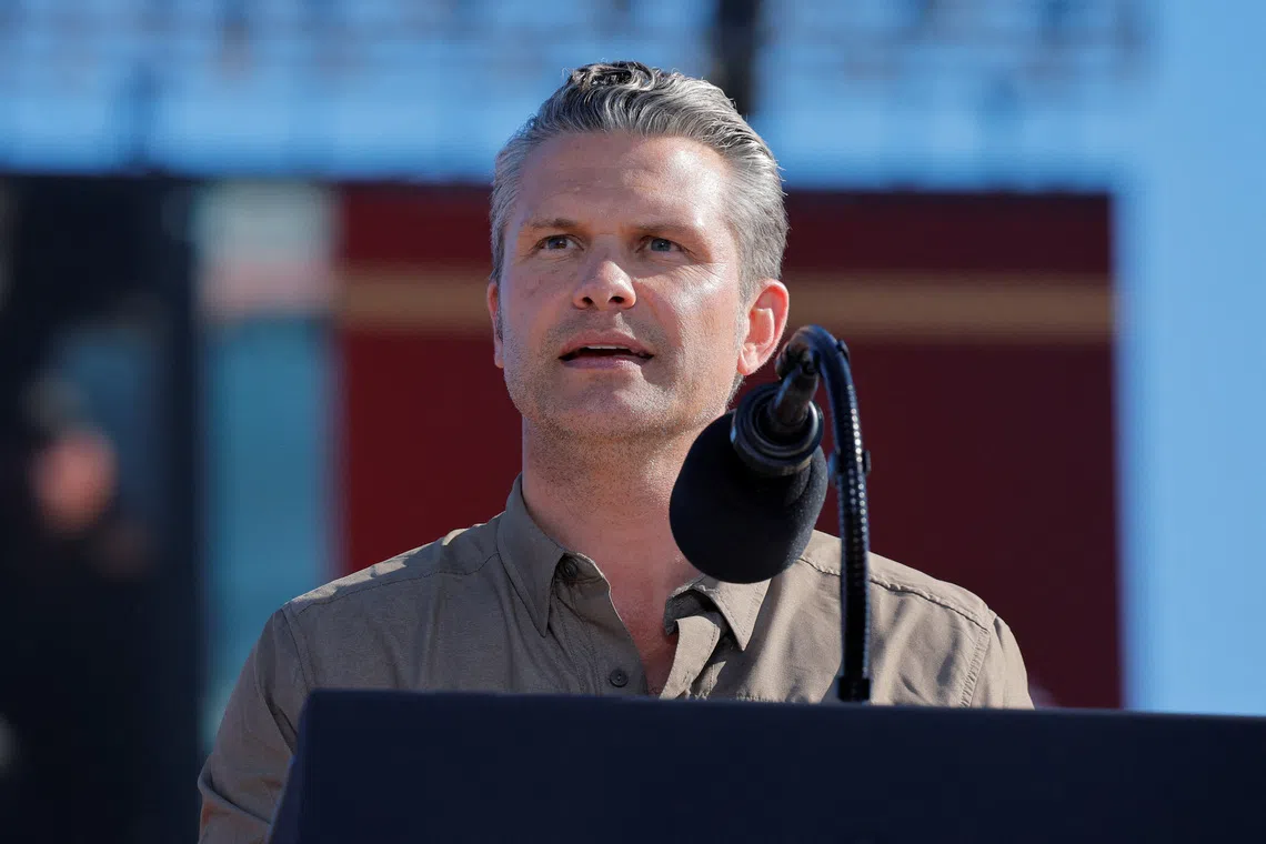 U.S. Defense Secretary Pete Hegseth speaks at the 250th anniversary celebration of the United States Marine Corps at Camp Pendleton, California, U.S., October 18, 2025. The event, titled \"From Sea to Shore: A Review of Amphibious Strength\", features a live amphibious assault demonstration and honored the Corps’ legacy of service and readiness. REUTERS/Mike Blake