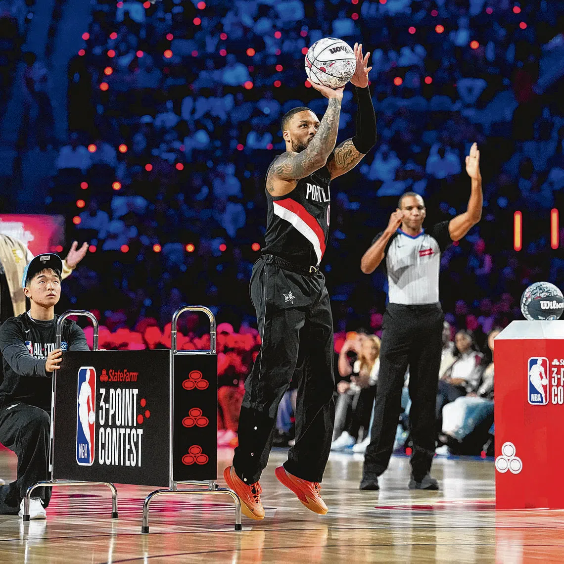 Portland Trail Blazers guard Damian Lillard en route to winning the Three-Point Contest during the 2026 NBA All-Star Saturday Night at Intuit Dome in Los Angeles on Feb 14, 2026.