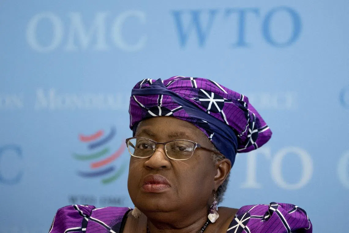 FILE PHOTO: World Trade Organization (WTO) Director-General Ngozi Okonjo-Iweala attends a news conference in Geneva, Switzerland, October 5, 2022. REUTERS/Denis Balibouse/File Photo