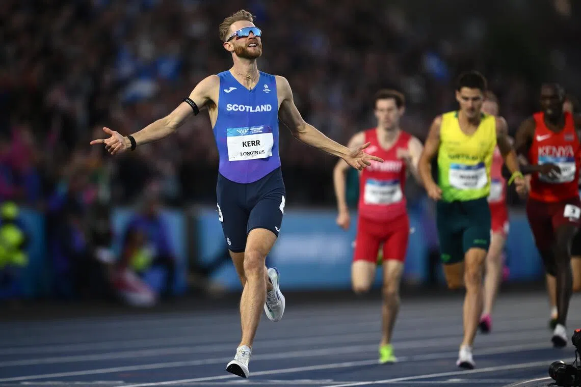 Josh Kerr of Scotland celebrating after winning the men’s mile final at the Commonwealth Games in Glasgow on Aug 1.