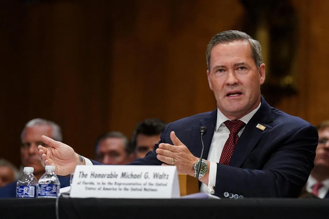 Former National Security adviser Mike Waltz, nominated to be U.S. ambassador to the United Nations, testifies before a Senate Foreign Relations Committee confirmation hearing on Capitol Hill in Washington, D.C., U.S., July 15, 2025. REUTERS/Ken Cedeno
