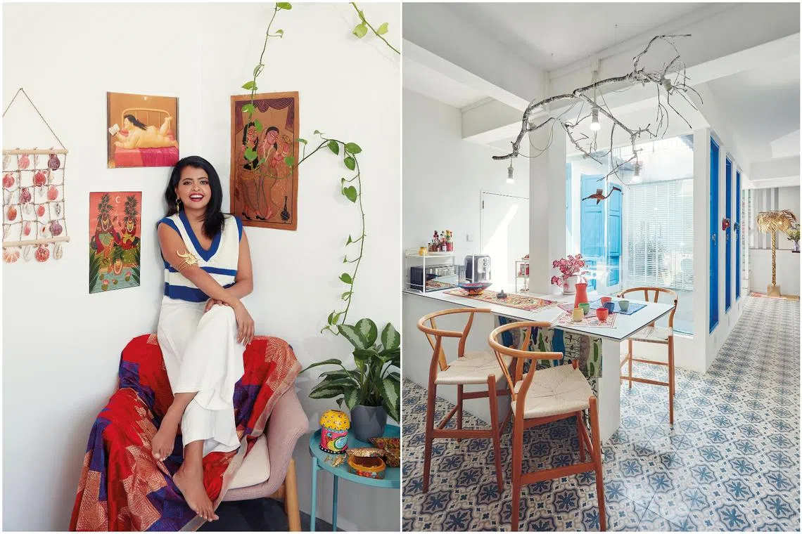 Ms Aashna Singh's 1,200 sq ft unit has a peculiar layout. At the centre of the floor plan is a large air well lined with tall windows that let the breeze in and bathe the space with natural light.