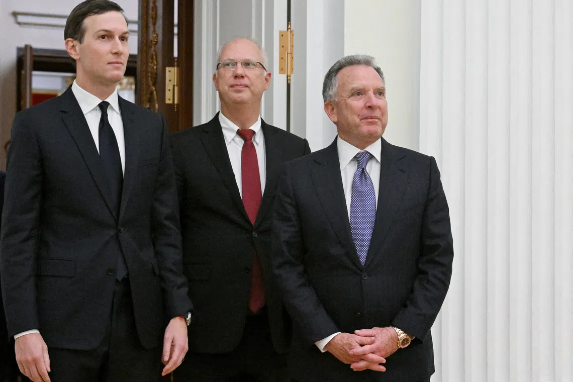 FILE PHOTO: Russian presidential envoy Kirill Dmitriev, U.S. President Donald Trump's special envoy Steve Witkoff and son-in-law Jared Kushner attend a meeting with Russian President Vladimir Putin at the Kremlin in Moscow, Russia, December 2, 2025. Sputnik/Kristina Kormilitsyna/Pool via REUTERS/ File Photo