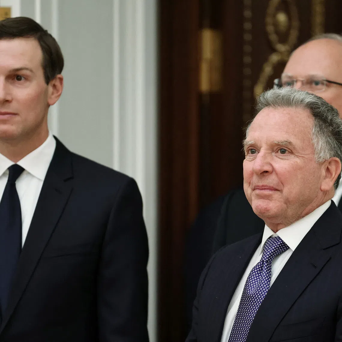 Russian presidential envoy Kirill Dmitriev, U.S. President Donald Trump's special envoy Steve Witkoff and son-in-law Jared Kushner attend a meeting with Russian President Vladimir Putin at the Kremlin in Moscow, Russia, December 2, 2025. Sputnik/Alexander Kazakov/Pool via REUTERS