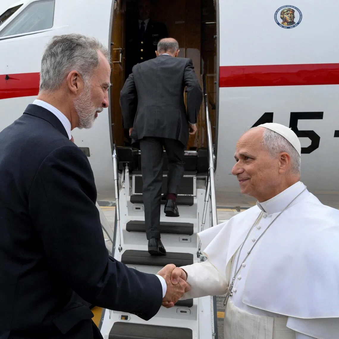 Spain's King Felipe (left) bidding farewell to Pope Leo XIV on June 12 on the Spanish island of Tenerife, as the Pope prepares to board a Spanish Air Force plane that was offered by the King after the aircraft Leo was due to depart in suffered a technical issue.