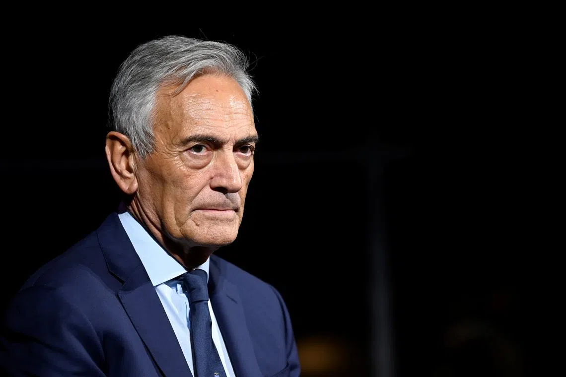 FILE PHOTO: President of the Italian Football Federation (FIGC) Gabriele Gravina attends the unveiling of the federation's new logo in Milan, Italy, October 4, 2021. REUTERS/Flavio Lo Scalzo/File Photo