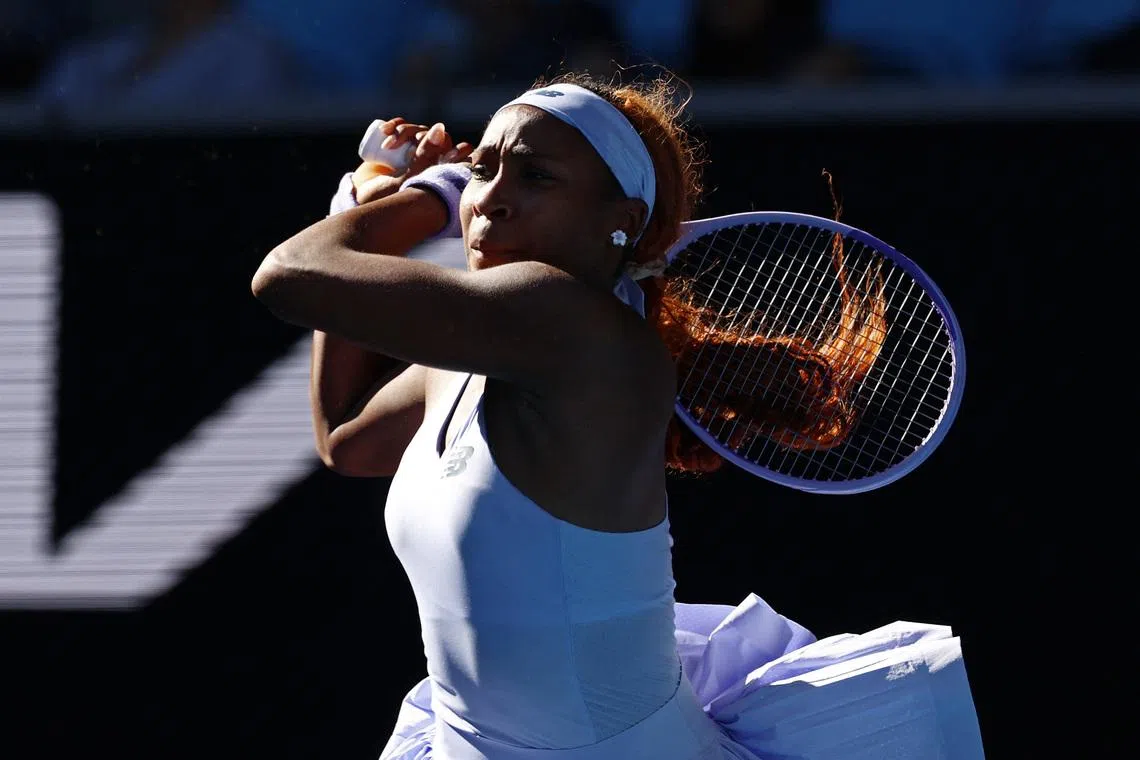 Tennis - Australian Open - Melbourne Park, Melbourne, Australia - January 23, 2026 Coco Gauff of the U.S. in action during her third round match against Hailey Baptiste of the U.S. REUTERS/Tingshu Wang