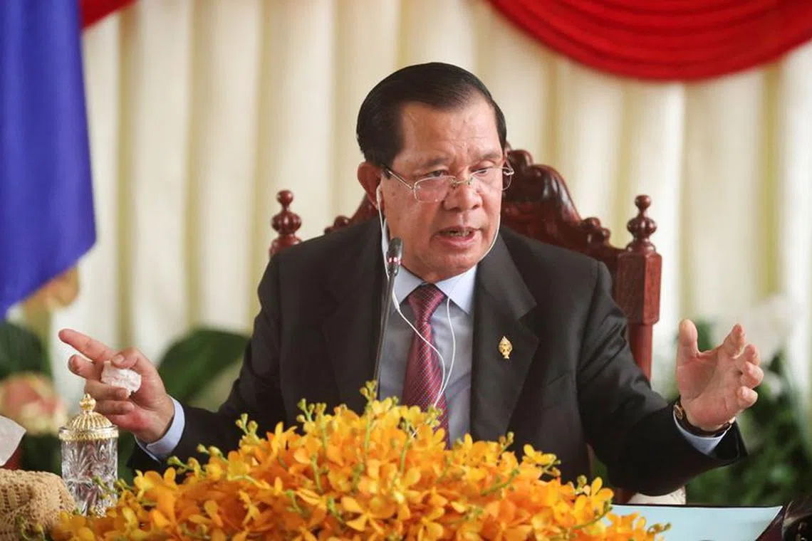 Hun Sen speaks at a press conference at the National Assembly after a vote to confirm his son, Hun Manet, as Cambodia's prime minister in Phnom Penh, Cambodia, August 22, 2023.  REUTERS/Cindy Liu/file photo