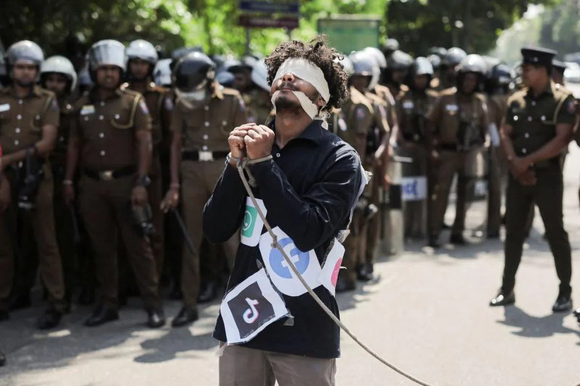 A man protesting against the social media regulation bill near Sri Lanka's parliament on Jan 24.