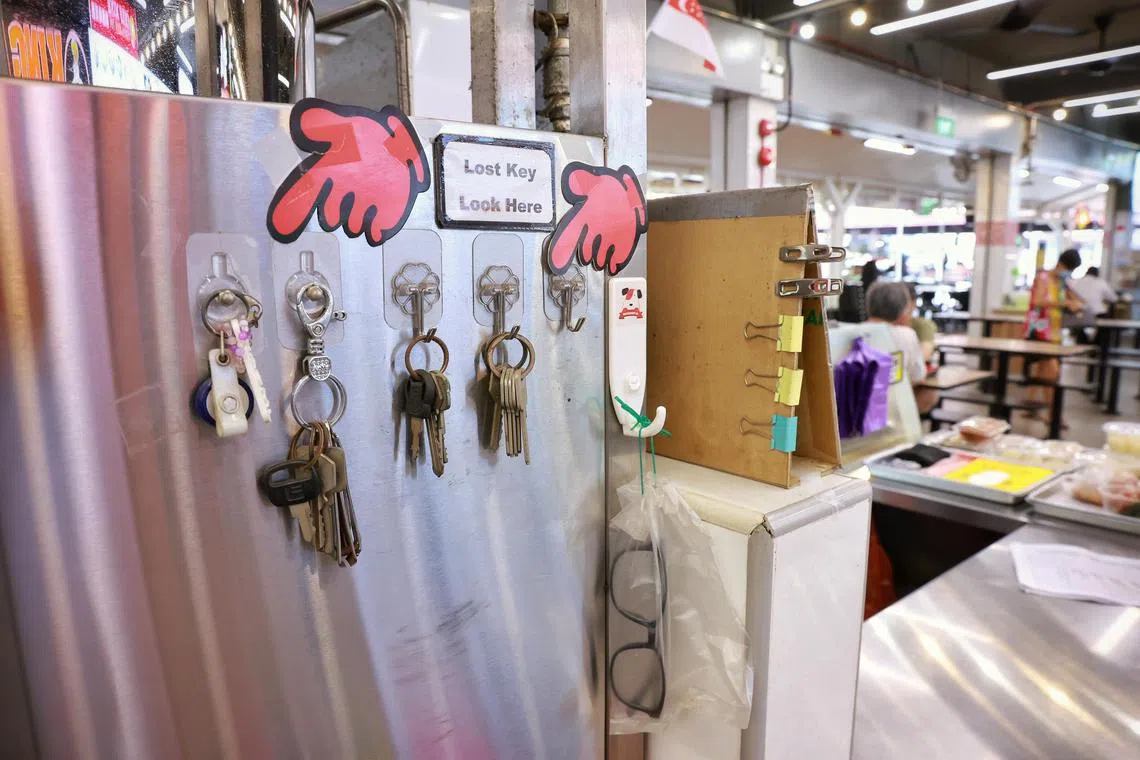 The lost and found corner at Mei De Coffeeshop as seen on Sept 4, 2023. The coffeeshop’s lost and found corner had several EZ-Link cards, keys, credit and debit cards in plain sight, leading to a TikTok video of the corner which has gone viral.