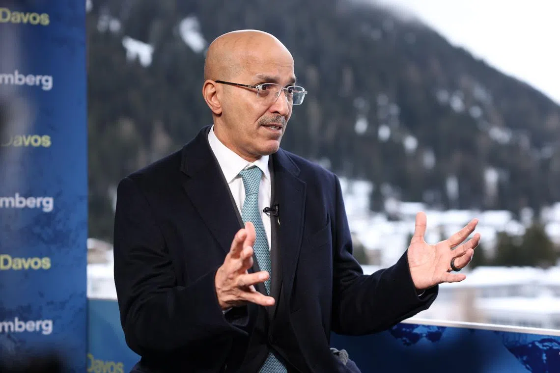 Mohammed Al-Jadaan, Saudi Arabia's finance minister, during a Bloomberg Television interview at the World Economic Forum (WEF) in Davos, Switzerland, on Thursday, Jan. 23, 2025. The annual Davos gathering of political leaders, top executives and celebrities runs from January 20 to 24. Photographer: Hollie Adams/Bloomberg