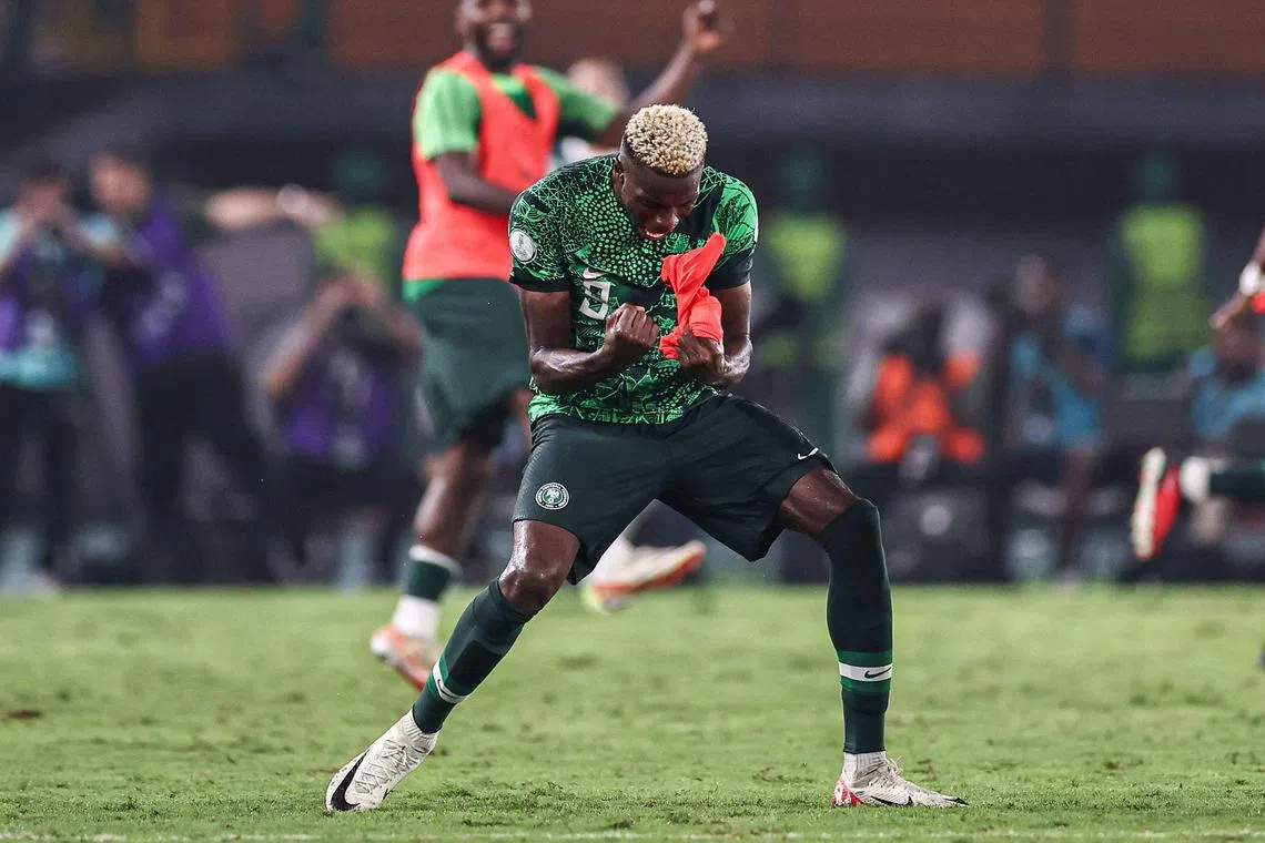 Nigeria forward Victor Osimhen celebrating after the 2-0 last-16 victory over Cameroon at the Africa Cup of Nations at the Felix Houphouet-Boigny Stadium in Abidjan on Jan 27.