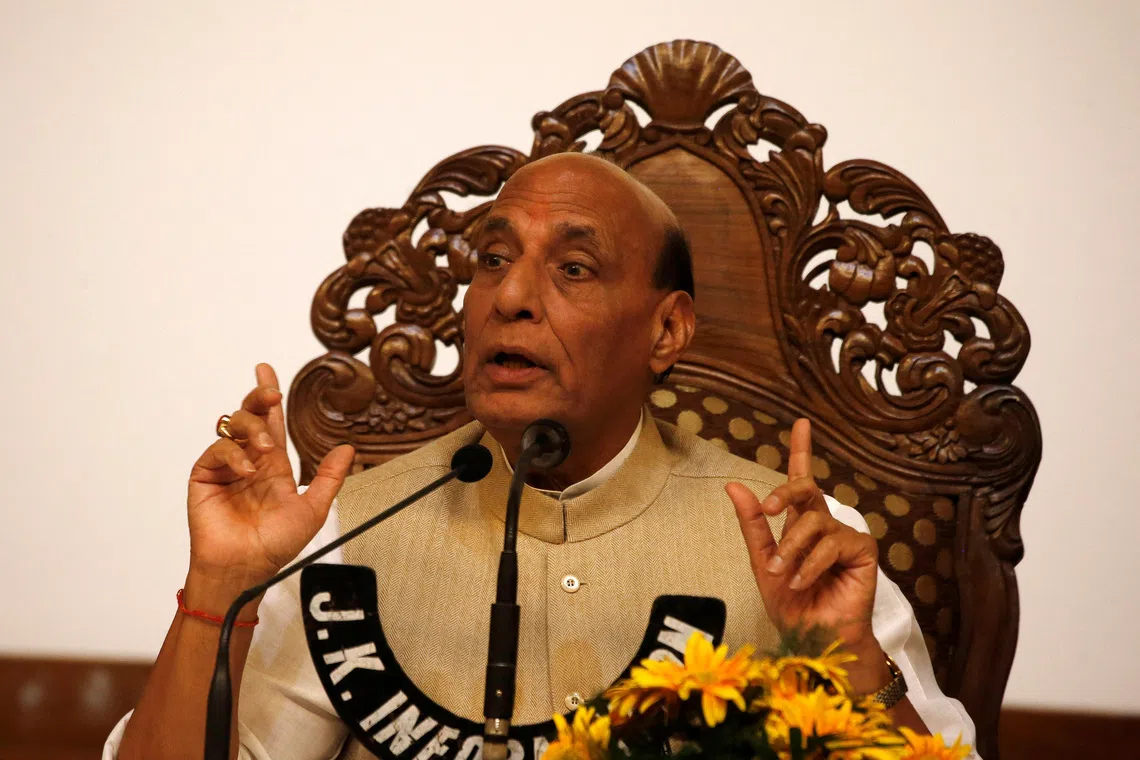 Indian minister Rajnath Singh addresses a news conference in Srinagar, June 7, 2018. REUTERS/Danish Ismail