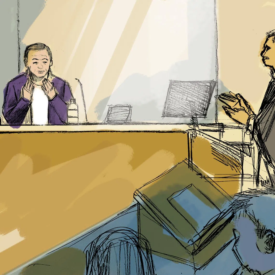 A sketch of the mastermind John Soh Chee Wen at a hearing on May 11, 2021.
