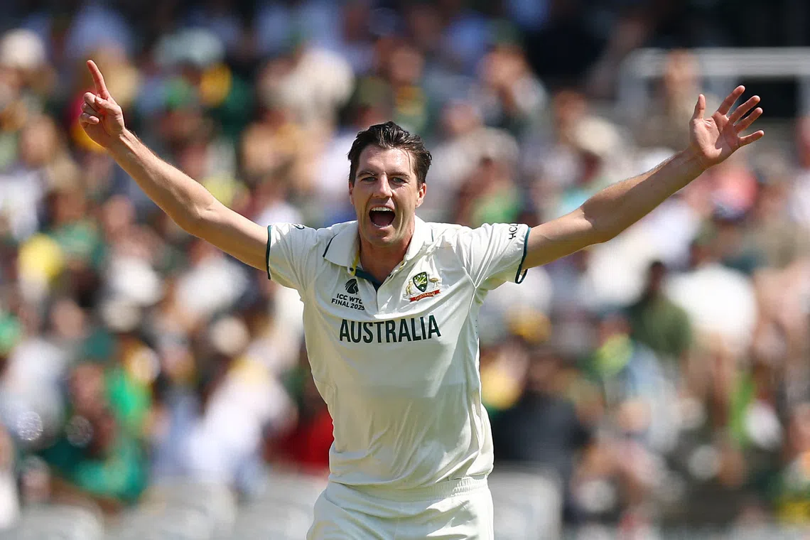 Cricket - 2025 ICC World Test Championship Final - South Africa v Australia - Lord's Cricket Ground, London, Britain - June 14, 2025 Australia's Pat Cummins celebrates after taking the wicket of South Africa's Temba Bavuma, caught out by Alex Carey Action Images via Reuters/Andrew Boyers