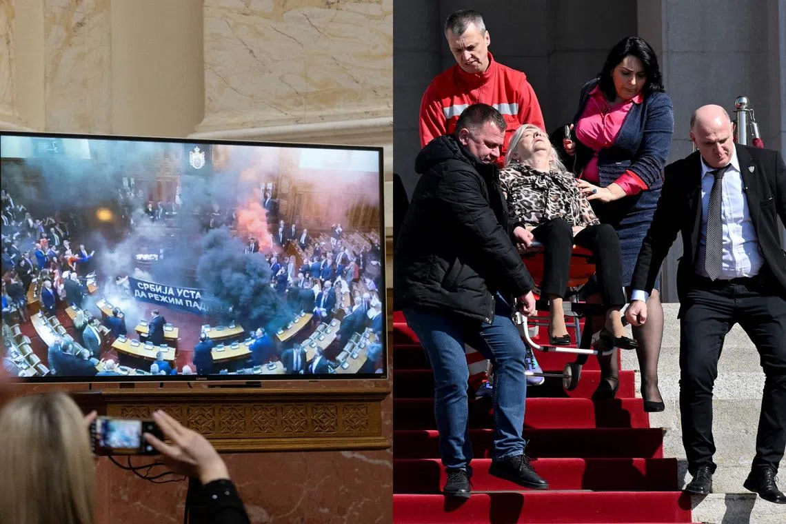Journalists watch a live broadcast (left) as opposition lawmakers let off smoke grenades inside the Serbian parliament, resulting in lawmaker Jasmina Obradovic suffering a stroke (right).