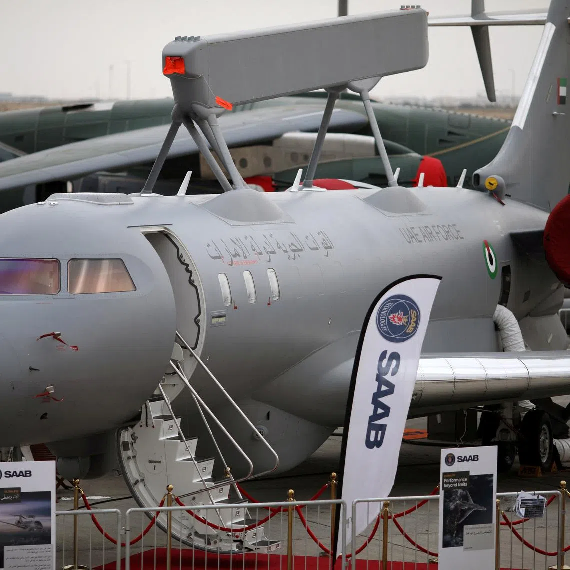 A GlobalEye aircraft, manufactured by Saab Technologies, on static design during the fifth day of Dubai Air Show in Dubai, United Arab Emirates on Nov 21, 2019.