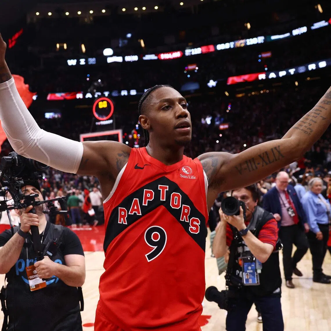 RJ Barrett of the Toronto Raptors celebrating after the 112-110 overtime win over the Cleveland Cavaliers in Game 6 of their NBA Eastern Conference first round series on May 1, 2026.