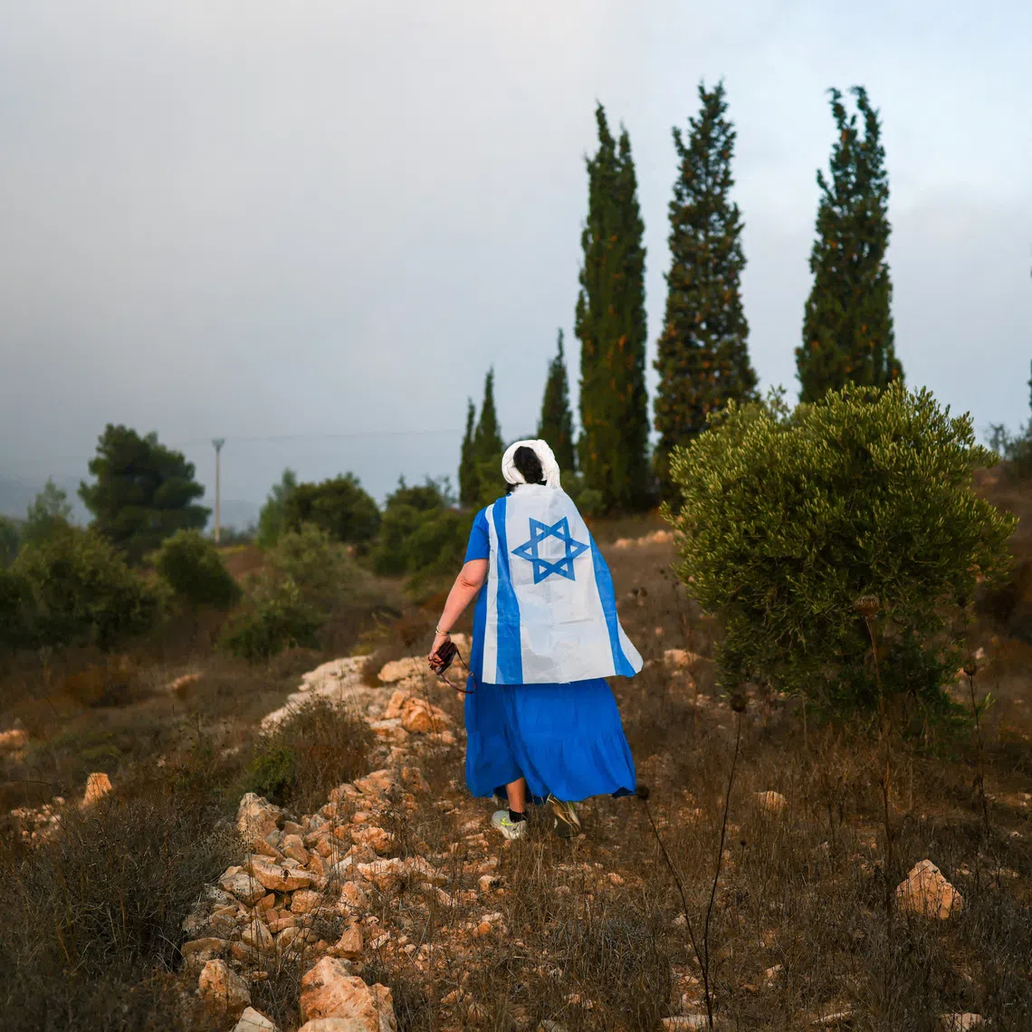 A Jewish settler walks towards olive trees owned by Palestinians due to be harvested, near the Israeli settlement Neve Daniel, in the Israeli-occupied West Bank, October 12, 2026. REUTERS/Ronen Zvulun