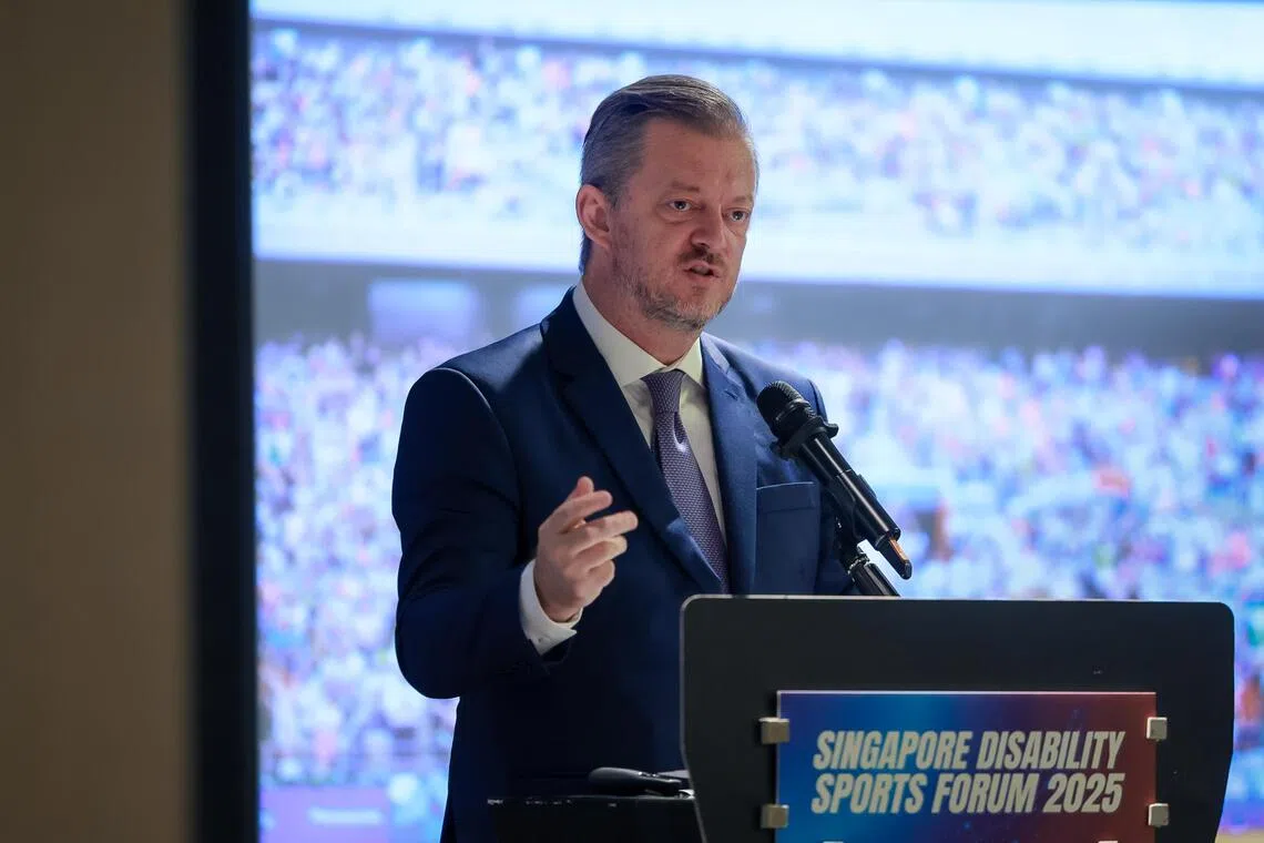 International Paralympic Committee president Andrew Parsons speaking at the Singapore Disability Sports Forum held at Raffles City Convention Centre on Sep 19.