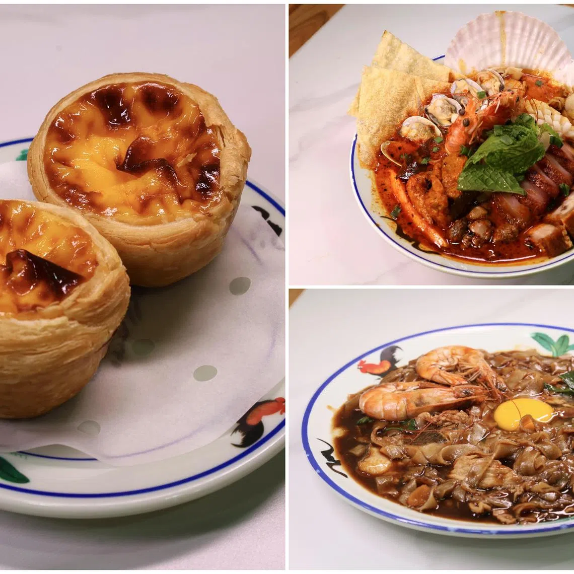 (Clockwise from left) Home Feaast Egg Tarts, Giant Curry Noodles and Signature Moonlight Hor Fun at Home Feaast Nan Yang Kopitiam.