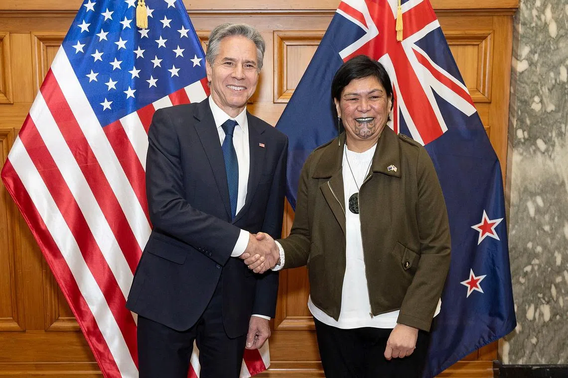 US Secretary of State Antony Blinken (left) with New Zealand's Foreign Minister Nanaia Mahuta in Wellington, on July 27.