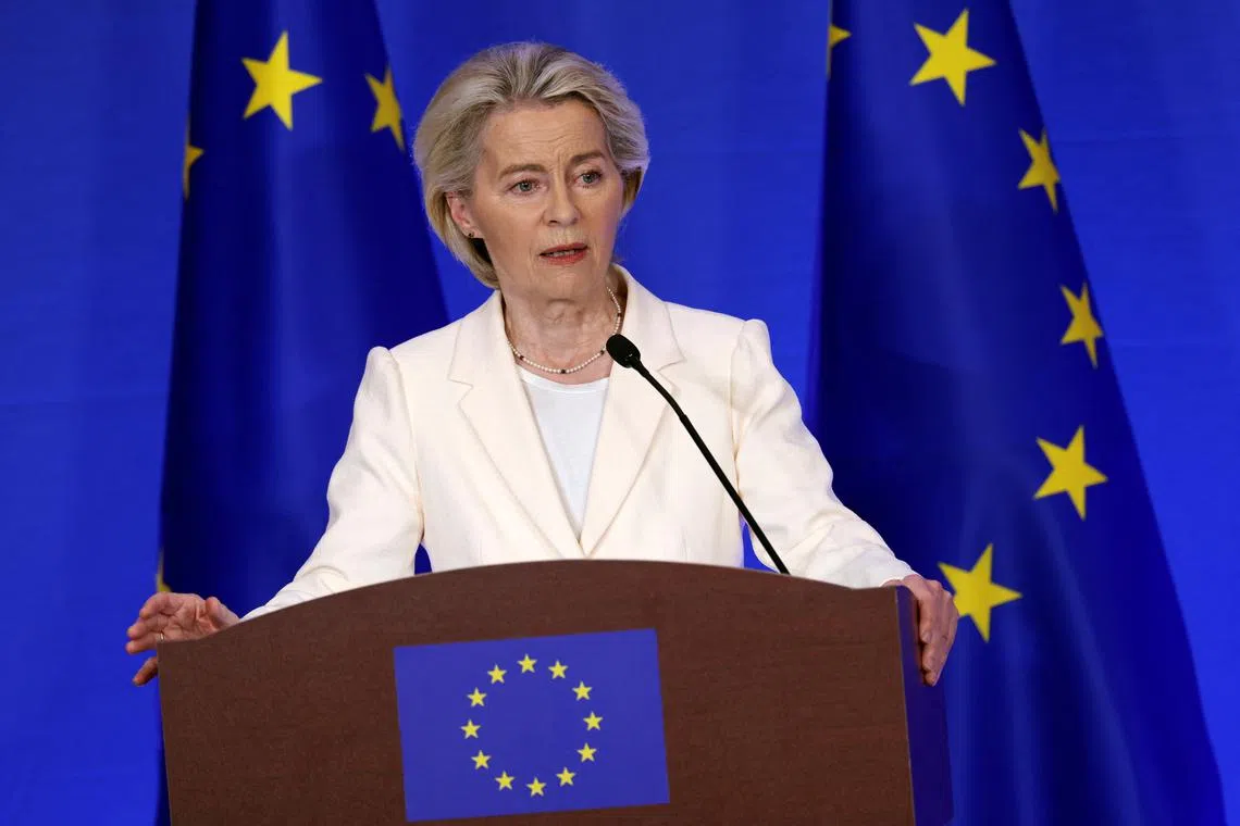 FILE PHOTO: European Commission President Ursula von der Leyen speaks at a press conference following the 25th EU-China Summit in Beijing, China July 24, 2025. REUTERS/Florence Lo/File Photo