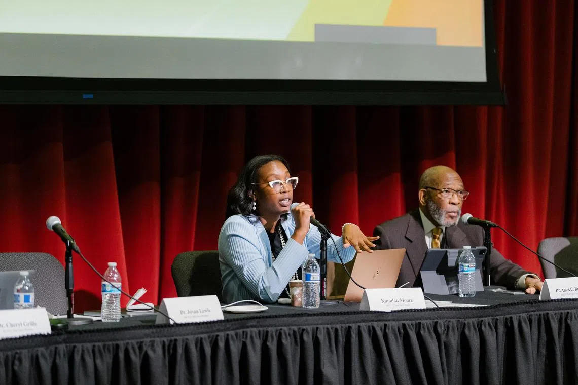 Kamilah Moore, the chair (left) and Amos Brown, the vice-chair (right)  at the Reparations Task Force meeting in Oakland, California on Saturday. 