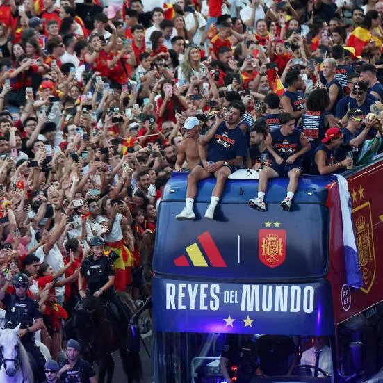Spain’s Rodri, Gavi and teammates celebrate after winning the World Cup during the victory parade in Madrid, on July 20.