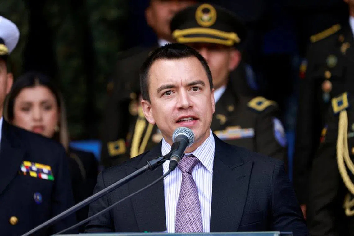 FILE PHOTO: Ecuador's President Daniel Noboa speaks during a ceremony to deliver equipment to the National Police, amid the ongoing wave of violence around the nation, in Quito, Ecuador, January 22, 2024. REUTERS/Karen Toro/File Photo